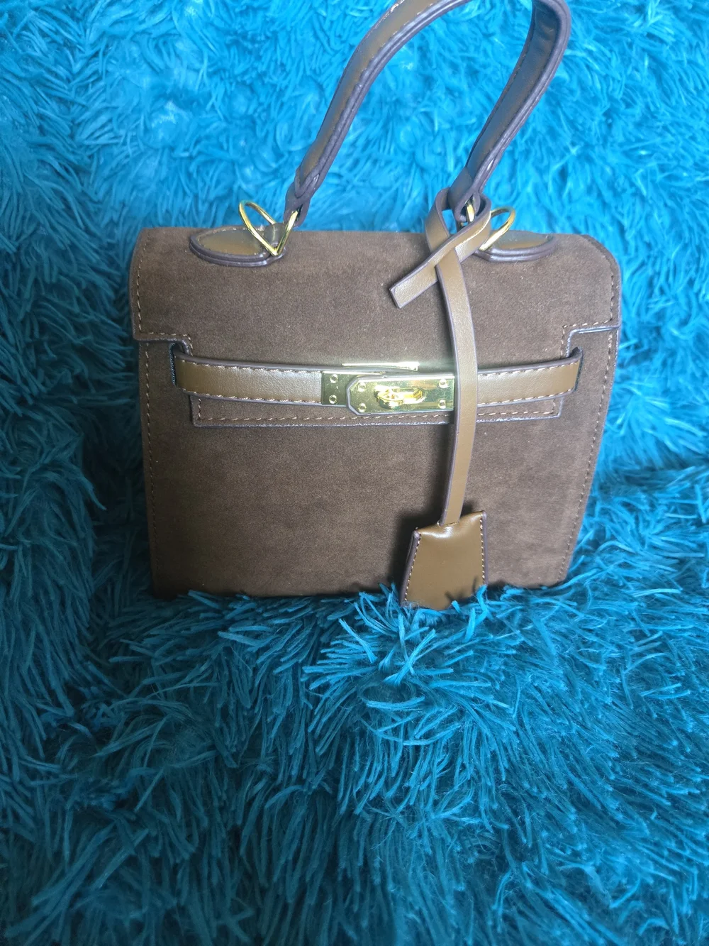 Brown Suede Top-Handle Satchel with Gold Hardware